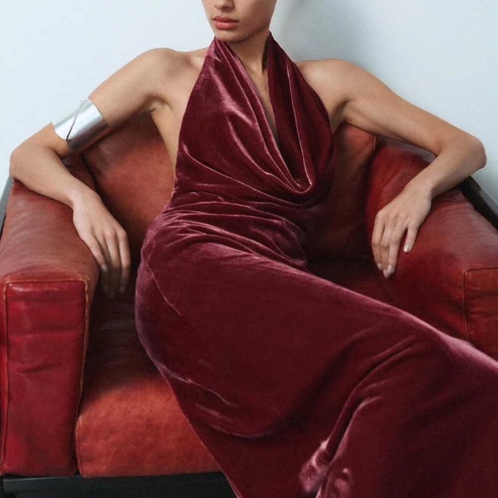 NWOT Zara Raspberry Pink Velvet Maxi Dress Halter Neck Open Back Size XS - Picture 3 of 9